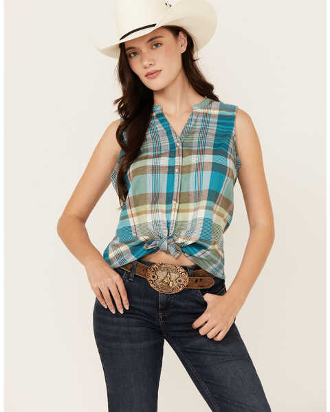 Shyanne Women's Plaid Print Twill Sleeveless Button-Down Western Shirt , Medium Blue, hi-res