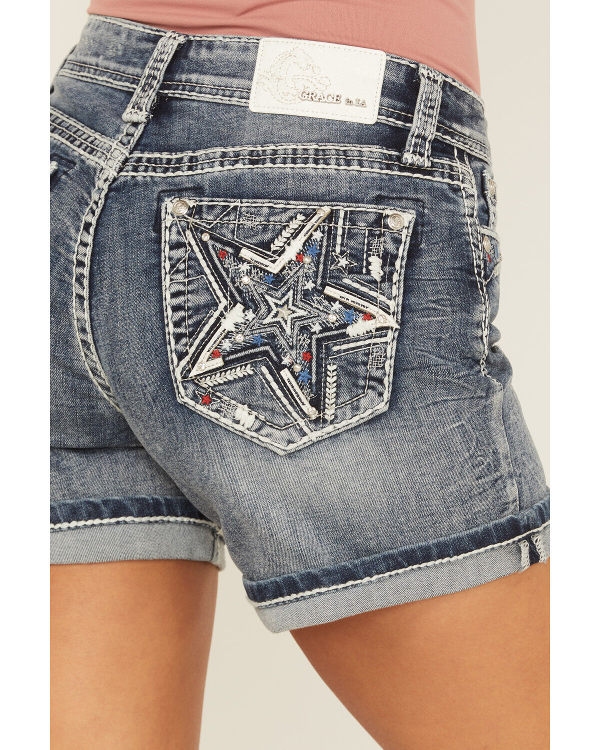 Image #2 - Grace In LA Women's Light Wash Mid Rise Americana Stretch Denim Jeans, Light Wash, hi-res