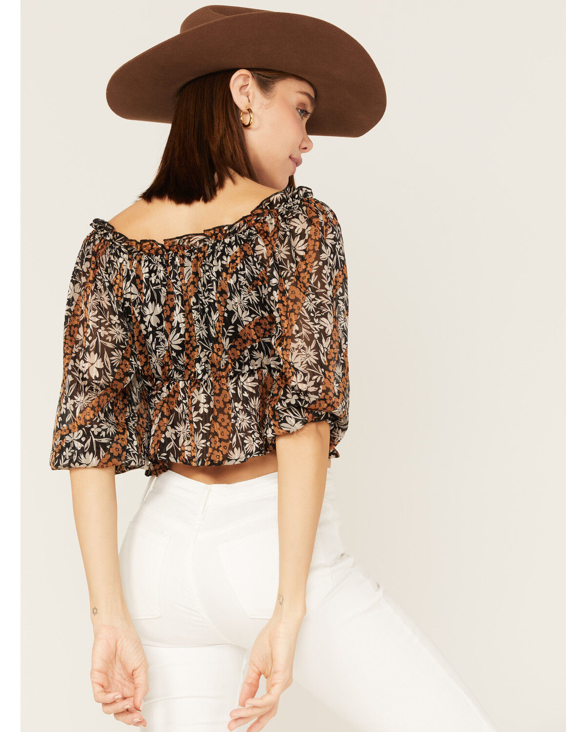 Image #4 - Wild Moss Women's Floral Print Tie-Front Peplum Crop Top, Black, hi-res