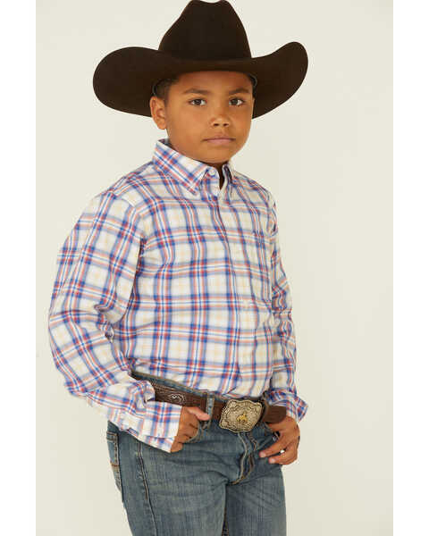 Image #1 - Ariat Boys' Boston Plaid Print Long Sleeve Button Down Western Shirt , White, hi-res