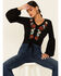 Image #1 - Rock & Roll Denim Women's Black Floral Embroidered Tie Front Long Sleeve Peasant Top , , hi-res