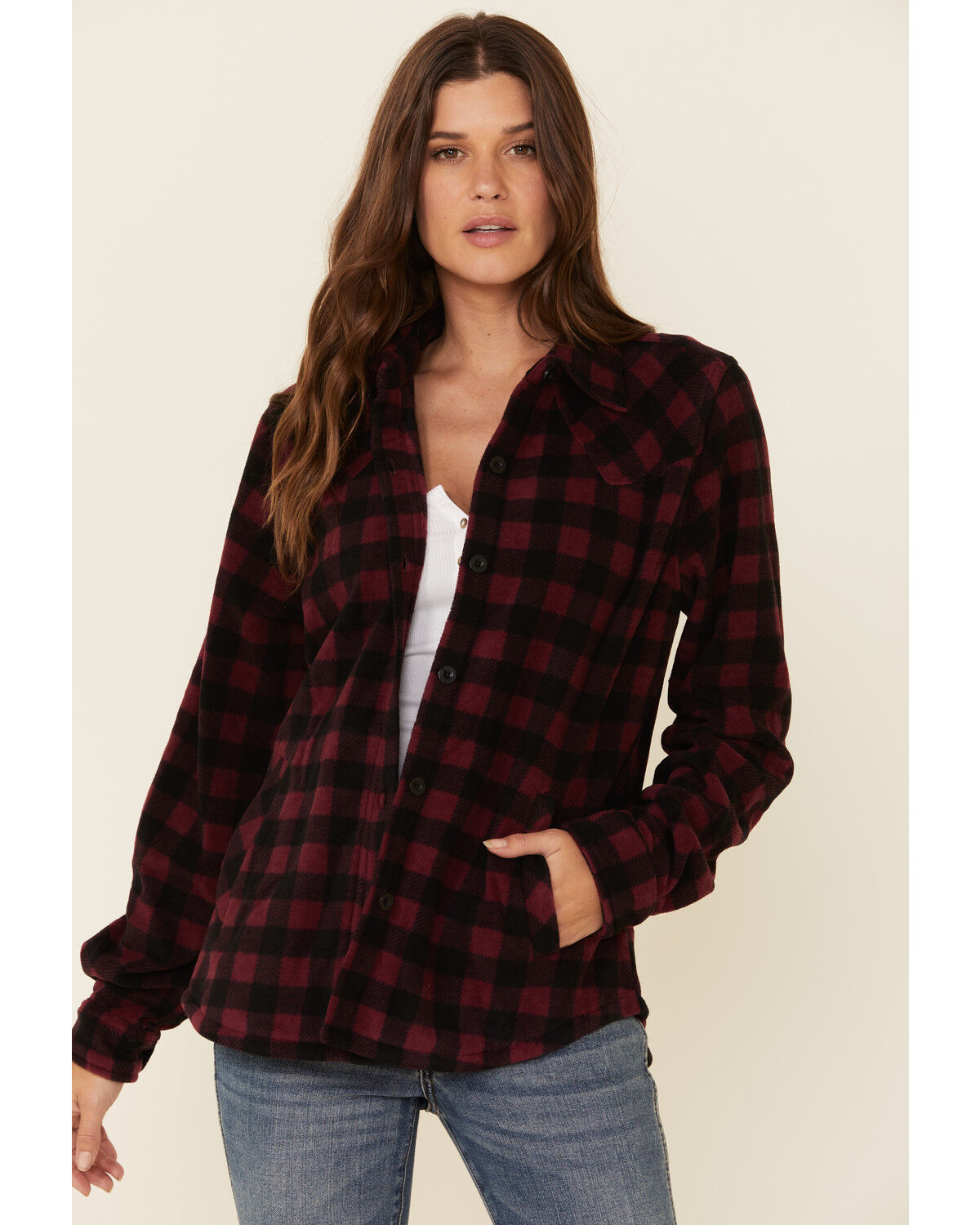 Image #1 - Outback Trading Co Women's Plaid Print Long Sleeve Fleece Shacket, Wine, hi-res