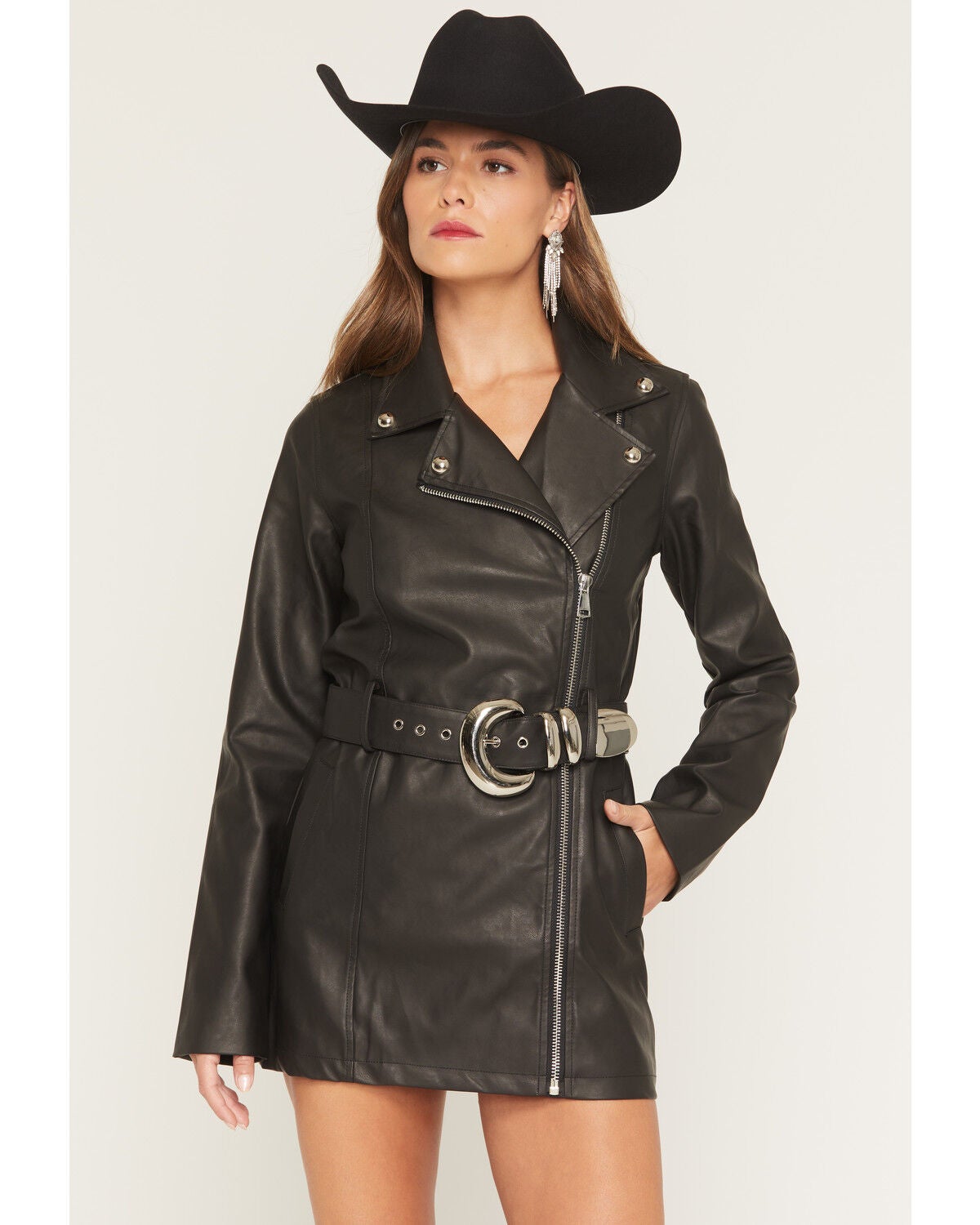 Image #1 - Show Me You Mumu Women's Faux Leather Belted Stapleton Long Sleeve Moto Mini Dress, Black, hi-res