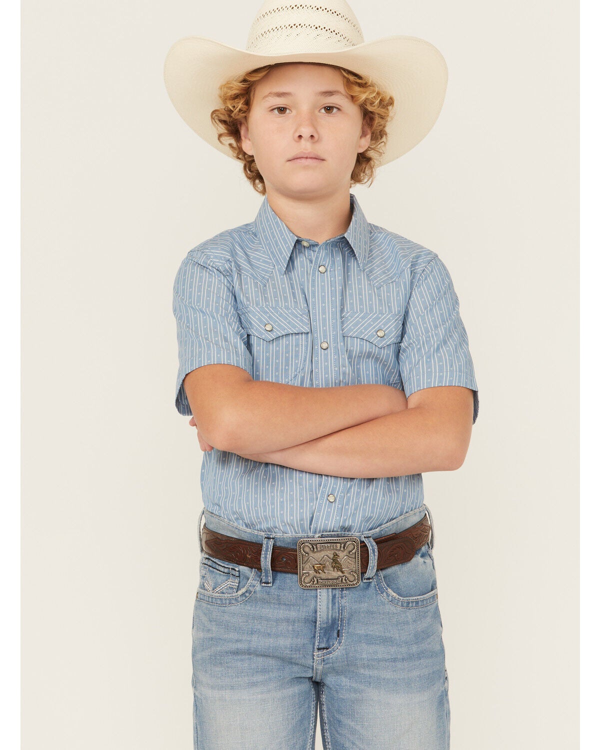 Cody James Boys' Cowboy Way Striped Print Short Sleeve Snap Western Shirt, Light Blue, hi-res