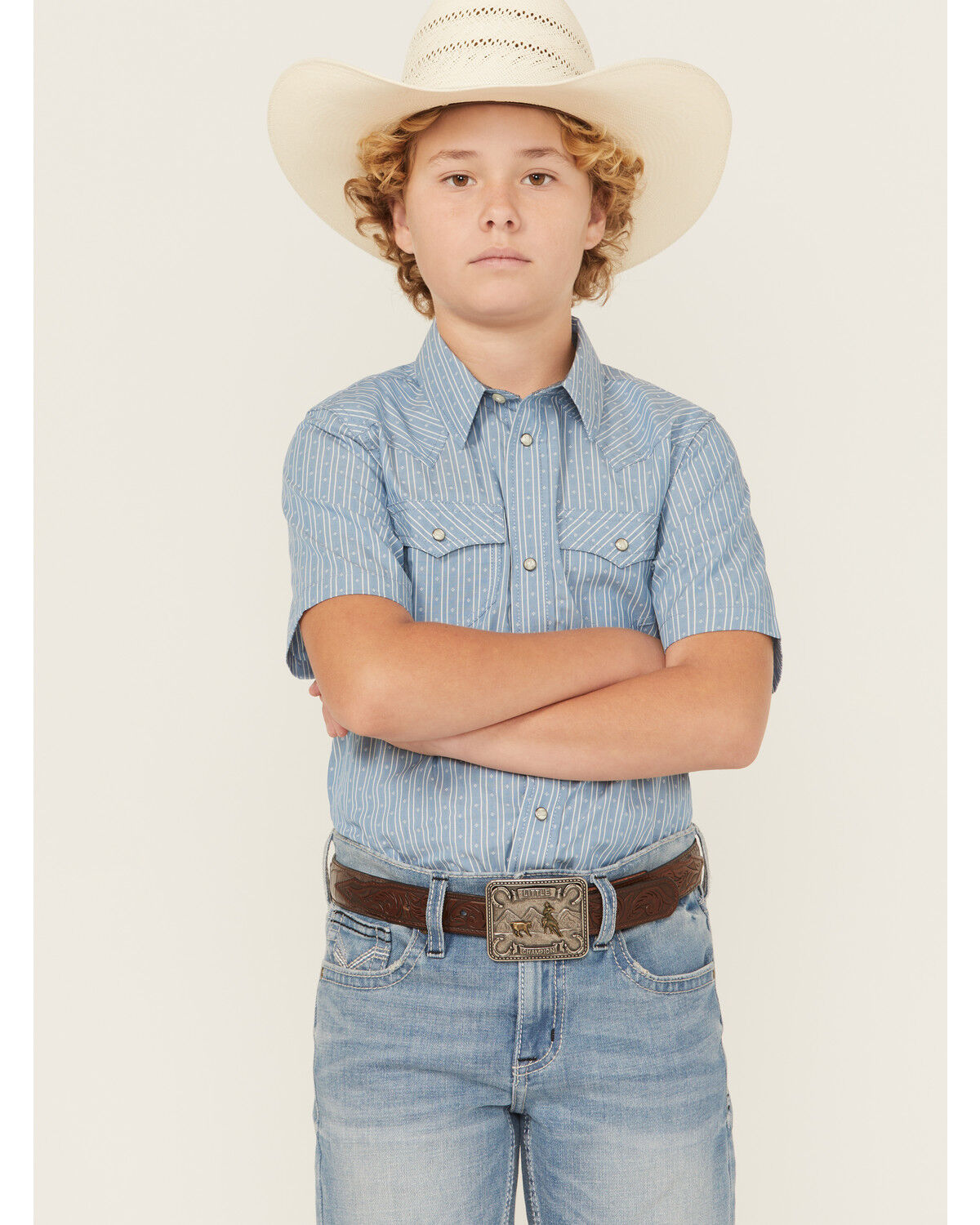 Image #1 - Cody James Boys' Cowboy Way Striped Print Short Sleeve Snap Western Shirt, Light Blue, hi-res