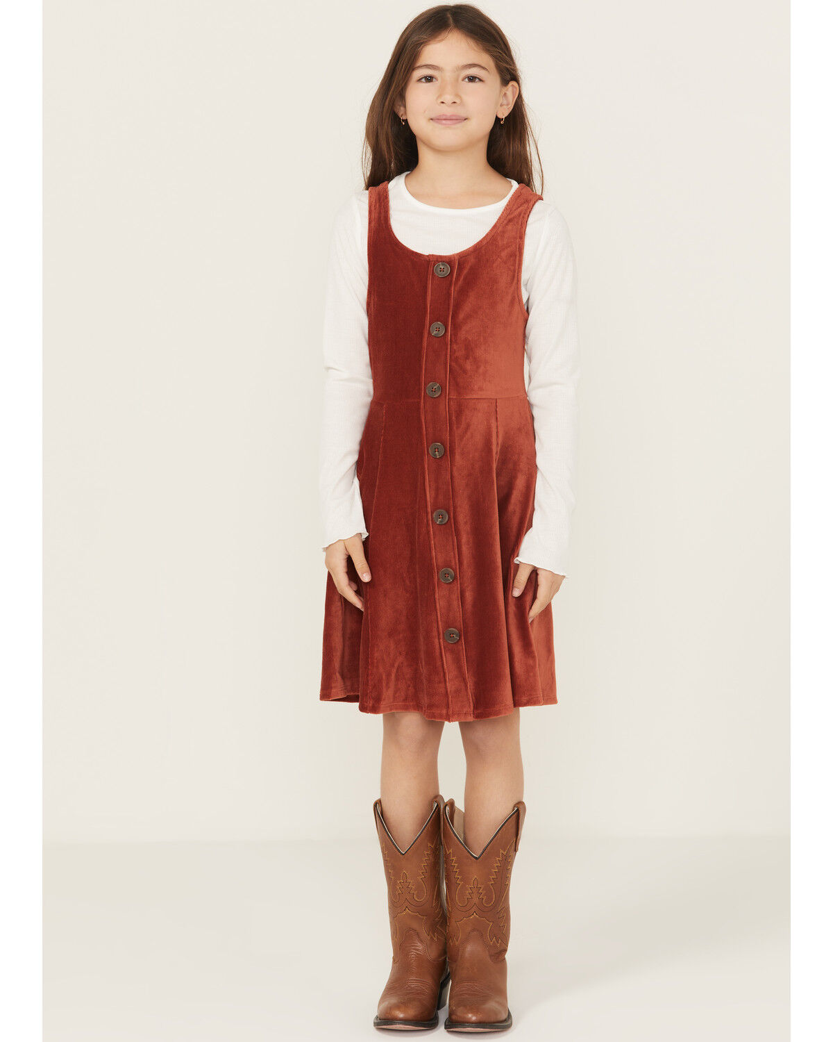 Image #1 - Trixxi Girls' Button-Down Long Sleeve Shirt Set Dress, Rust Copper, hi-res