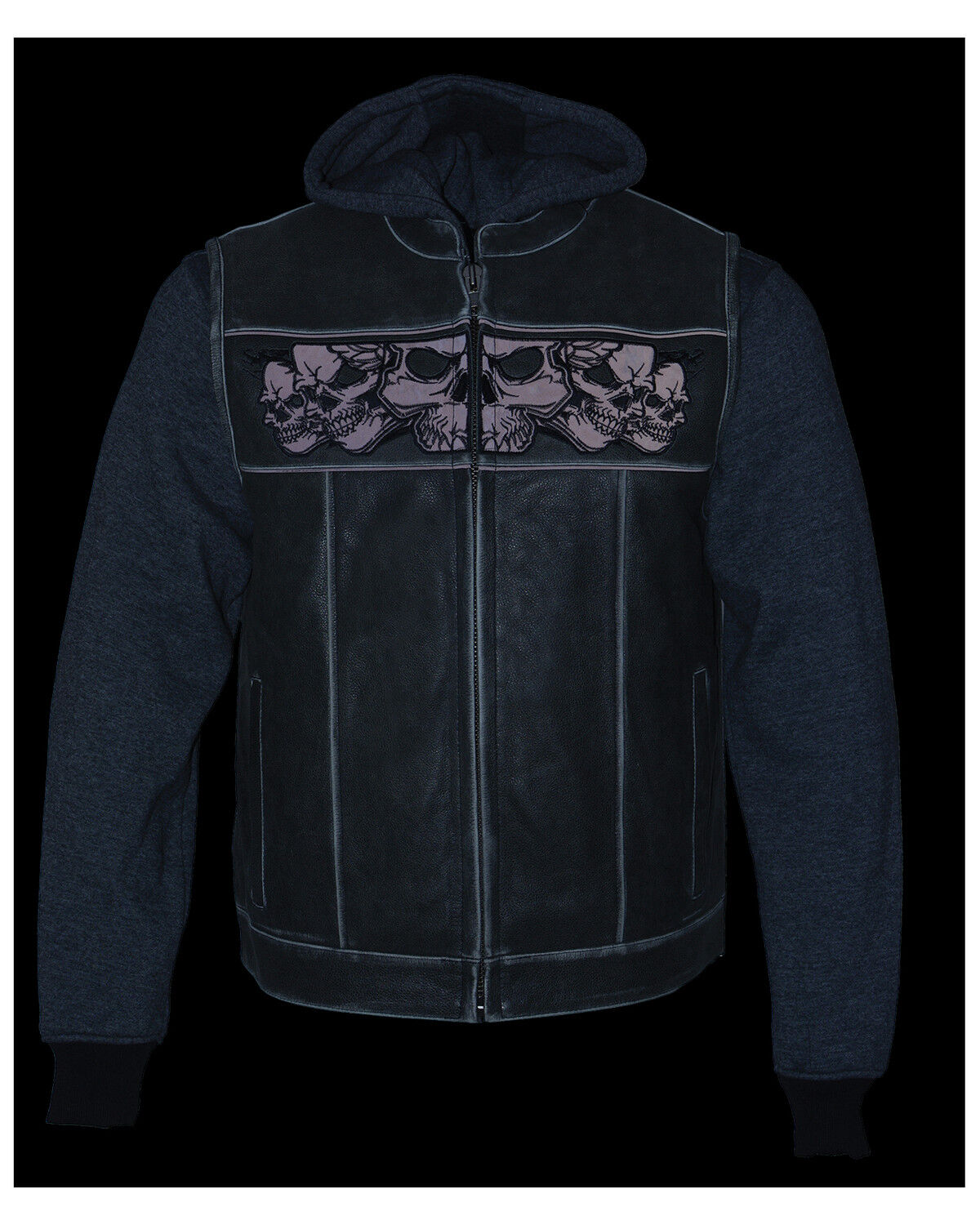 Image #4 - Milwaukee Leather Men's Leather Concealed Carry Vest with Reflective Skulls and Removeable Hoodie, Grey, hi-res
