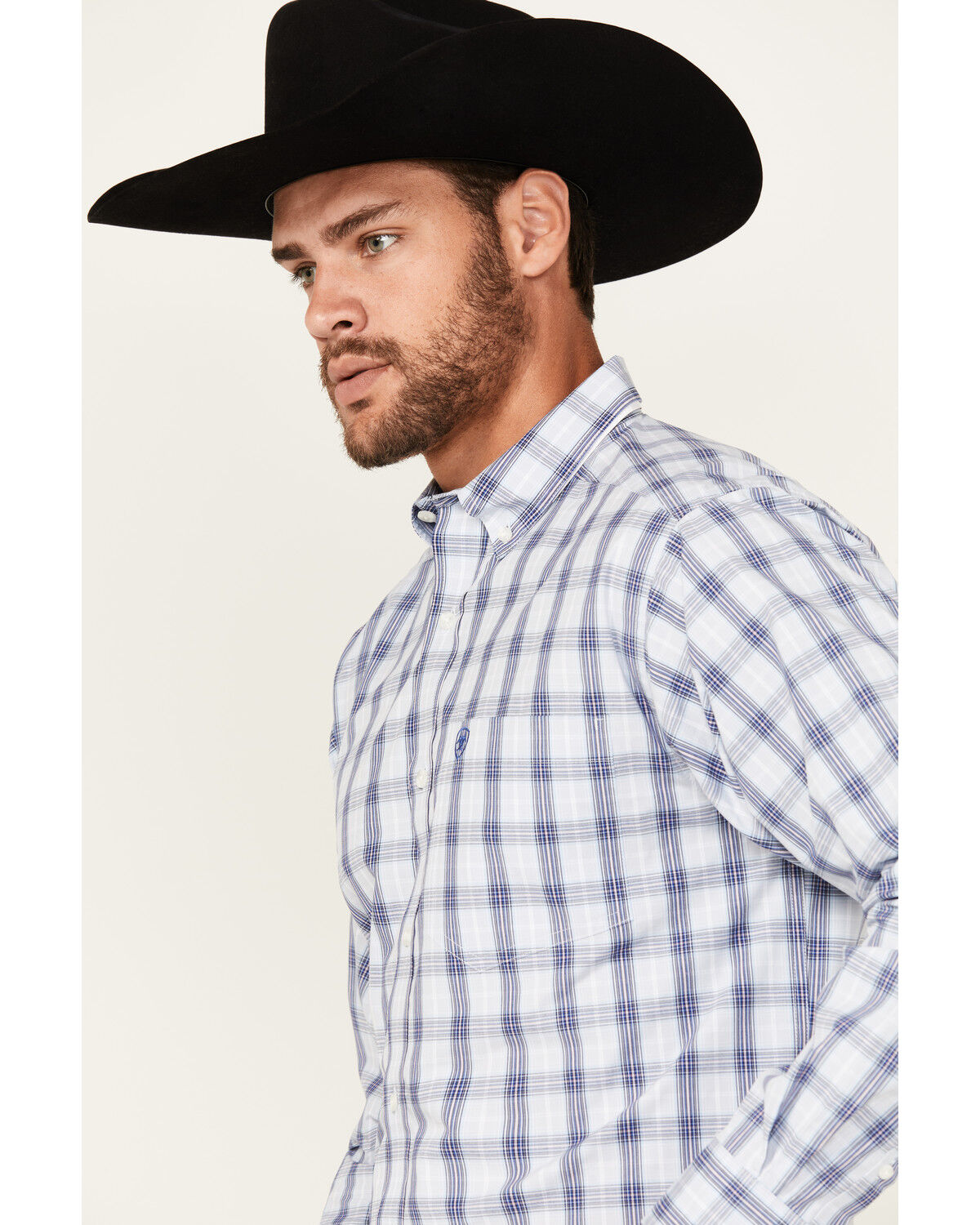Image #2 - Ariat Men's Pro Series River Plaid Print Long Sleeve Button-Down Stretch Western Shirt, Light Blue, hi-res
