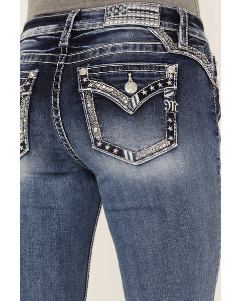Miss Me Women's Low Rise Dark Wash Tonal Americana Border Bootcut Jeans, Dark Wash, hi-res