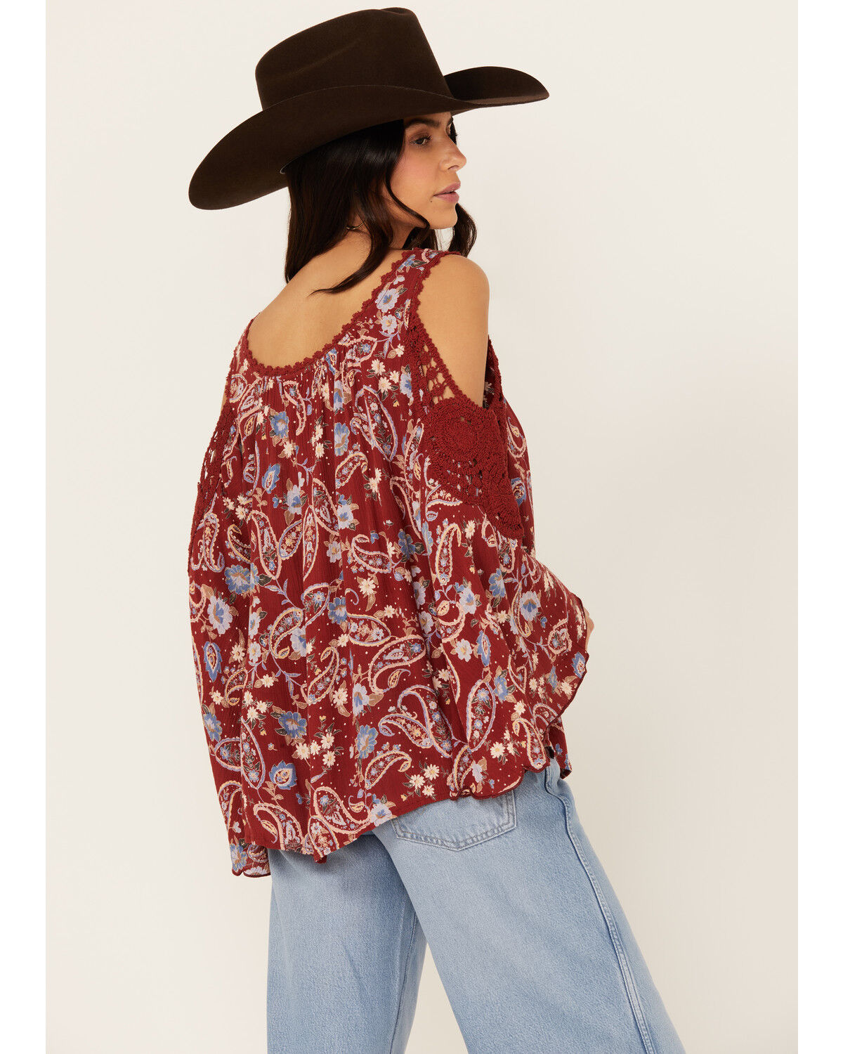Image #4 - Bila Women's Floral Print Long Sleeve Cold Shoulder Shirt, Brick Red, hi-res