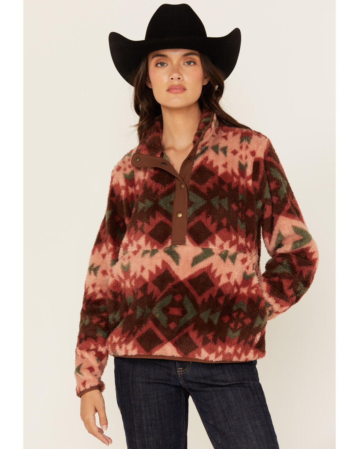 Image #1 - Ariat Women's Southwestern Print Berber Snap Pullover, Pink, hi-res