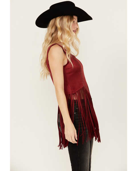 Image #3 - Idyllwind Women's Monticello Fringe Faux Suede Studded Tank , Dark Red, hi-res