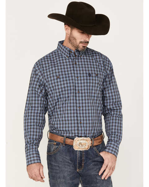 Image #1 - George Strait by Wrangler Plaid Print Long Sleeve Button-Down Western Shirt, Blue, hi-res