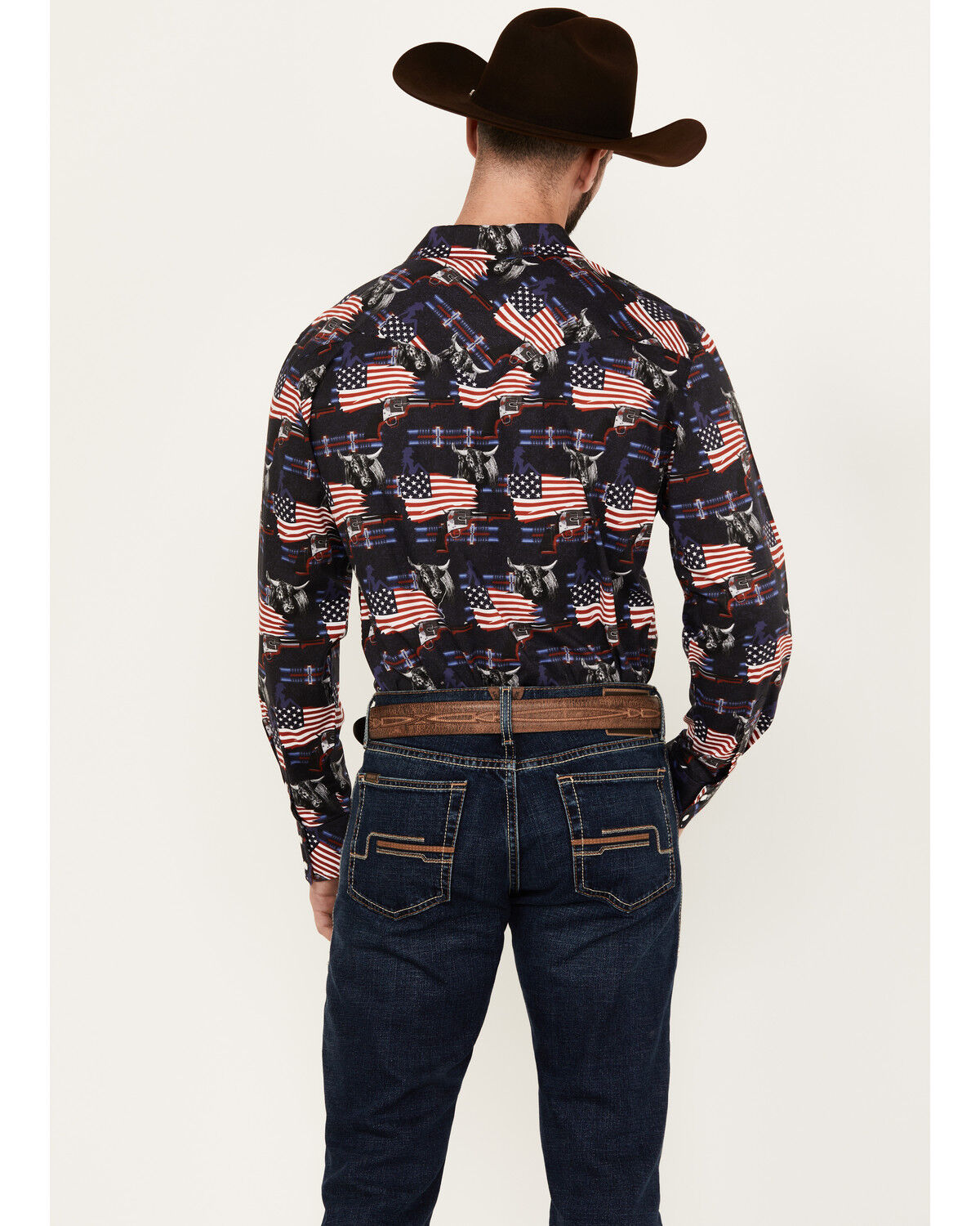 Image #4 - Rock & Roll Denim Men's Americana Print Long Sleeve Snap Stretch Western Shirt, Dark Blue, hi-res
