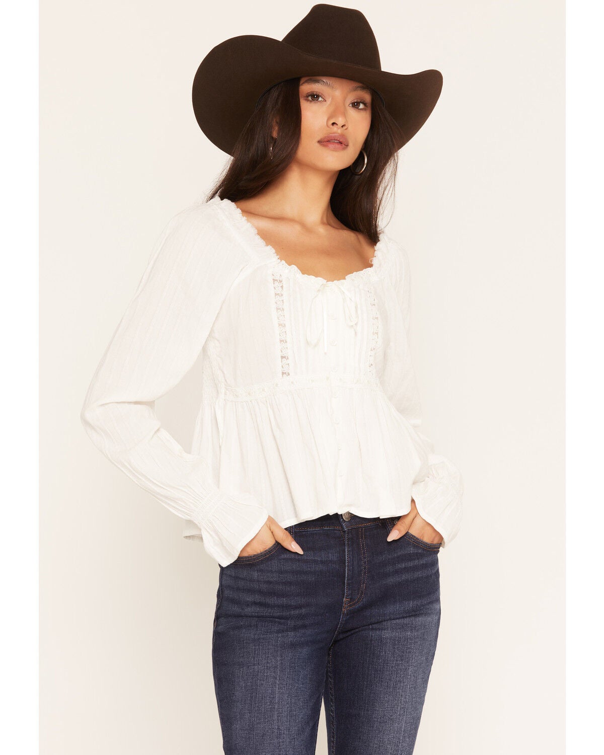 Wonderwest Women's Long Sleeve Lace Trim Button-Front Top, Ivory, hi-res