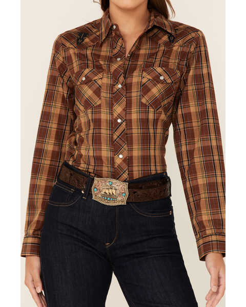 Image #2 - Roper Women's Plaid Print Long Sleeve Pearl Snap Western Shirt, Brown, hi-res
