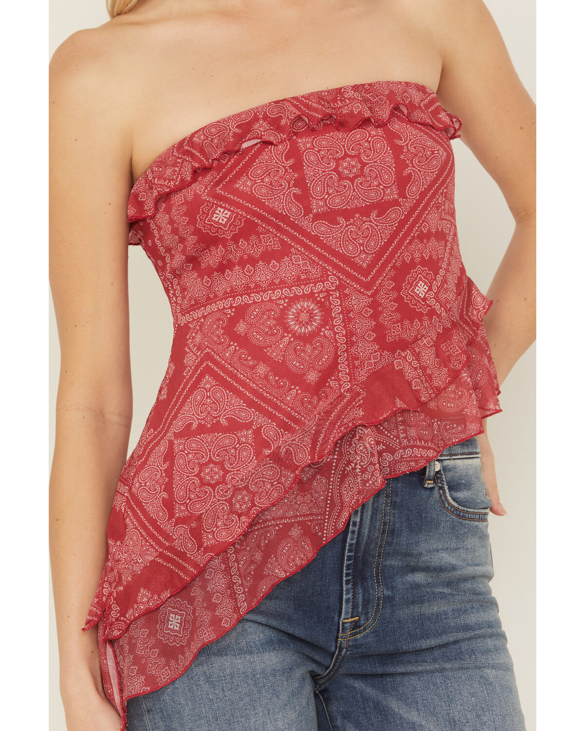 Image #3 - Shyanne Women's Bandana Print Asymmetrical Strapless Top, Red, hi-res