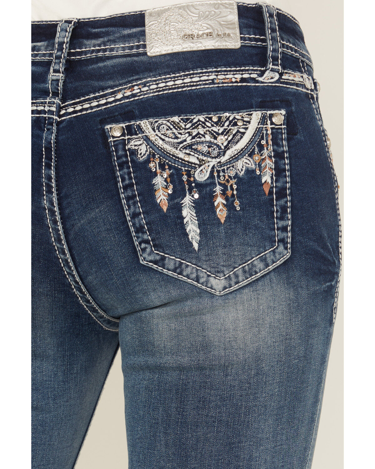 Image #2 - Grace in LA Women's Medium Wash Dream Catcher Embroidered Mid Rise Bootcut Stretch Denim Jeans, Medium Wash, hi-res