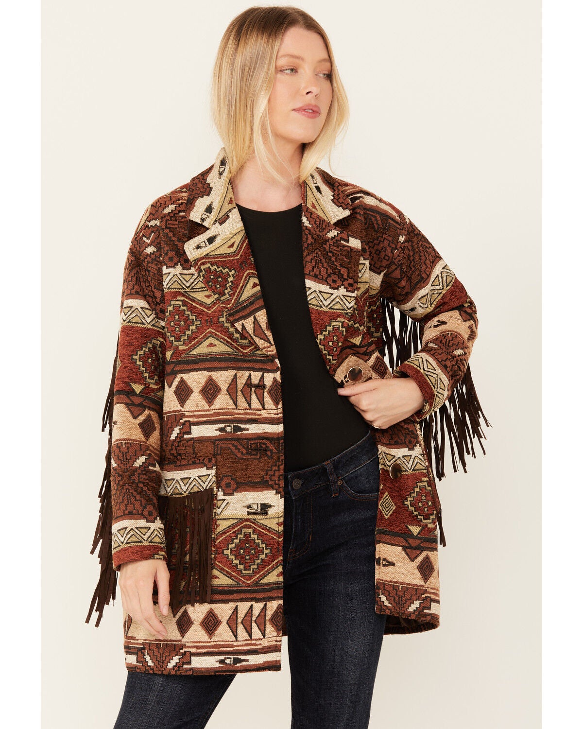 Shyanne Women's Tribal Tapestry Fringe Coat, Medium Brown, hi-res