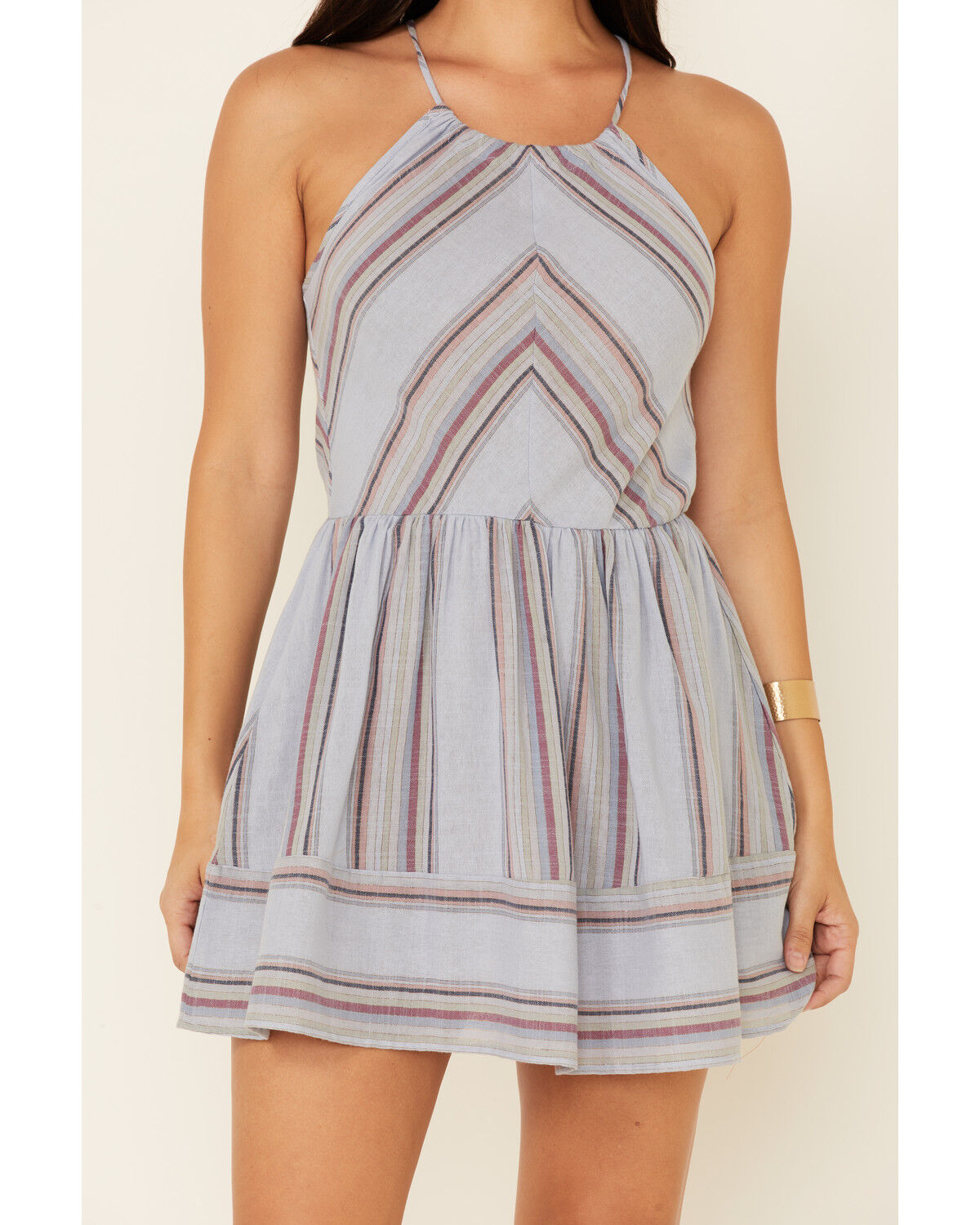 Image #2 - Wild Moss Women's Stripe Print Halter Mini Dress, Blue, hi-res