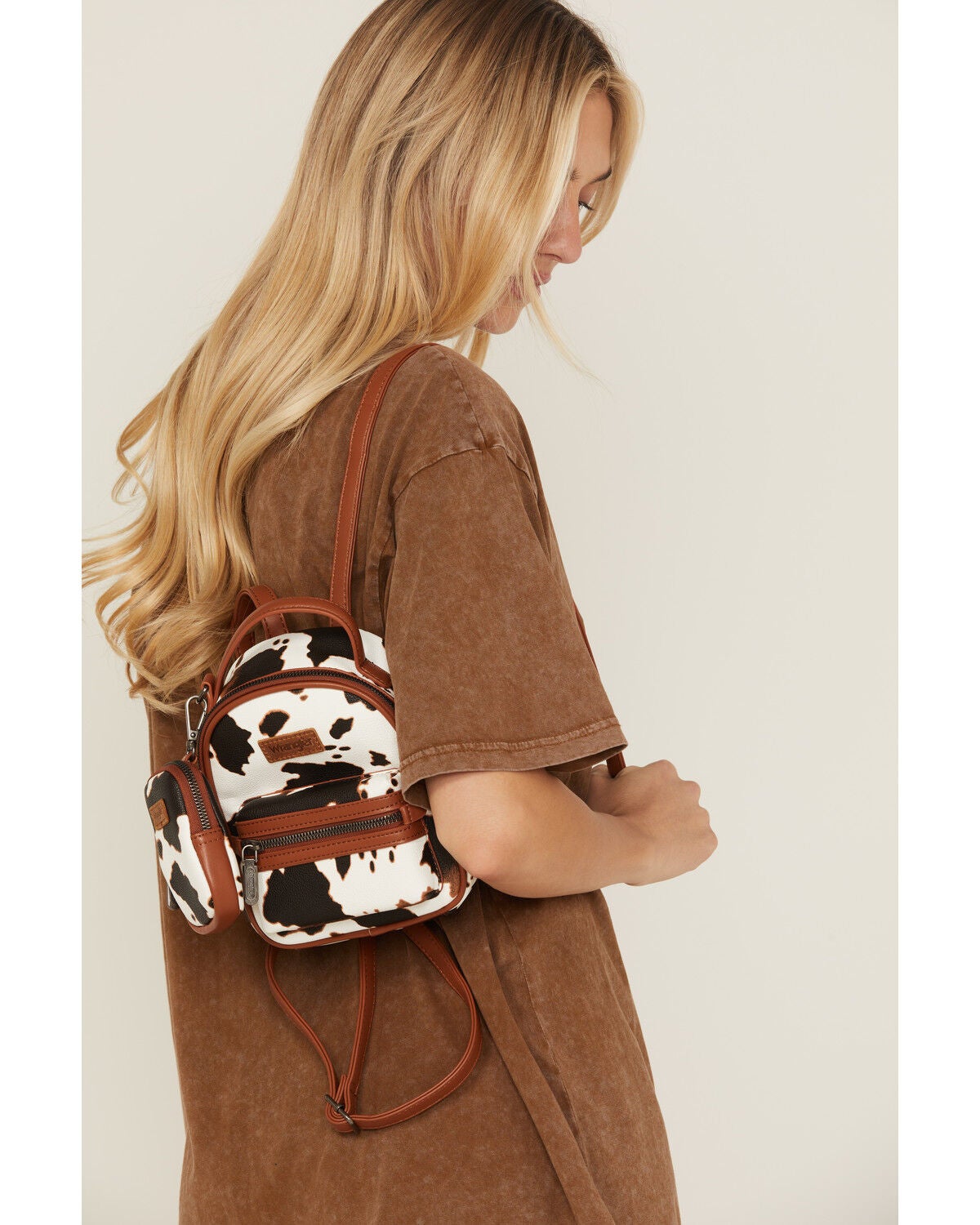 Wrangler Women's Cow Print Mini Backpack, Brown, hi-res