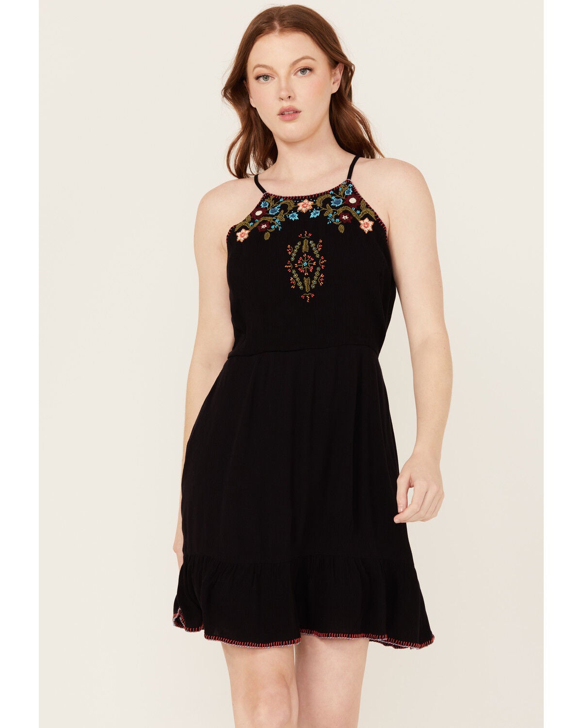 Idyllwind Women's Wolfeboro Embroidered And Beaded Halter Mini Dress, Black, hi-res