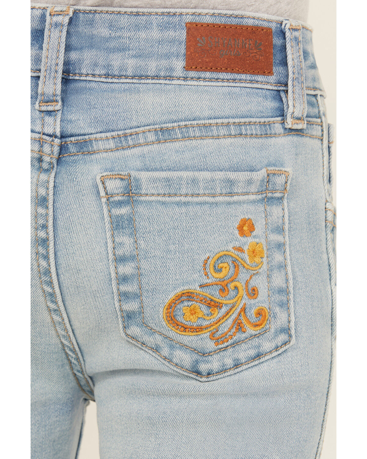 Image #2 - Shyanne Little Girls' Ophelia Floral Embroidered Light Wash Flare Stretch Denim Jeans, Medium Wash, hi-res
