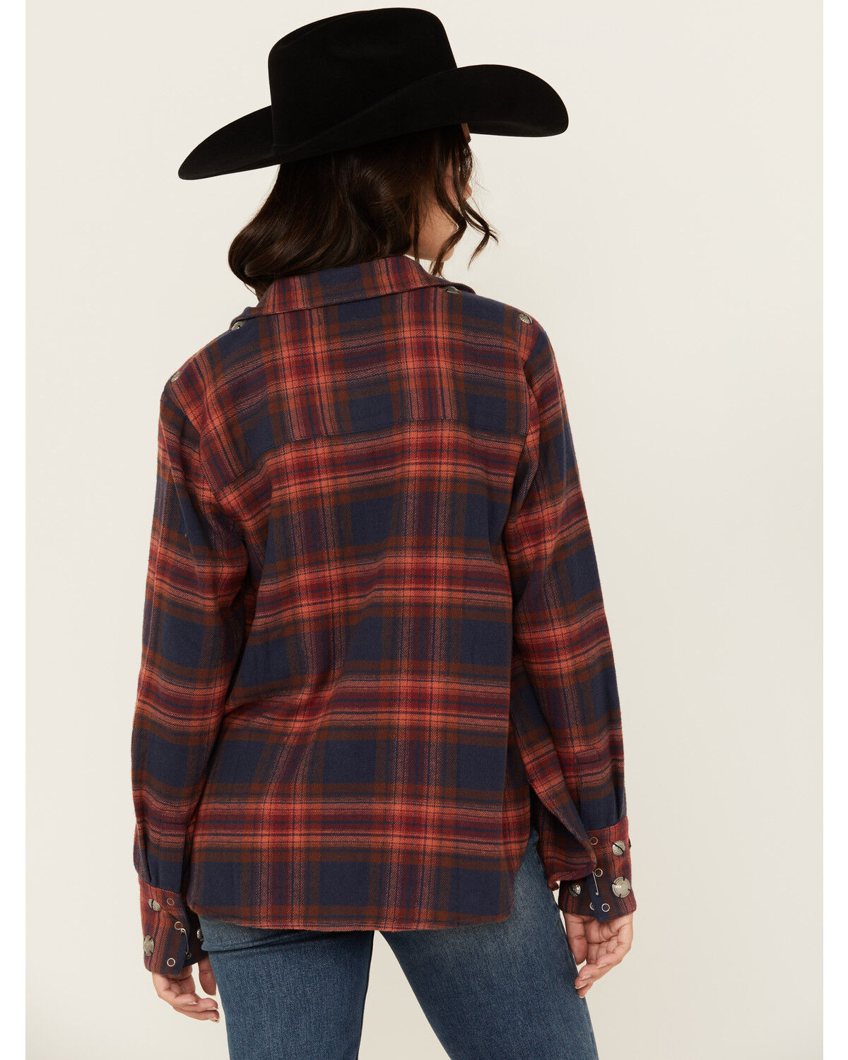 Image #4 - Shyanne Women's Embellished Plaid Print Long Sleeve Snap Western Shirt, Navy, hi-res