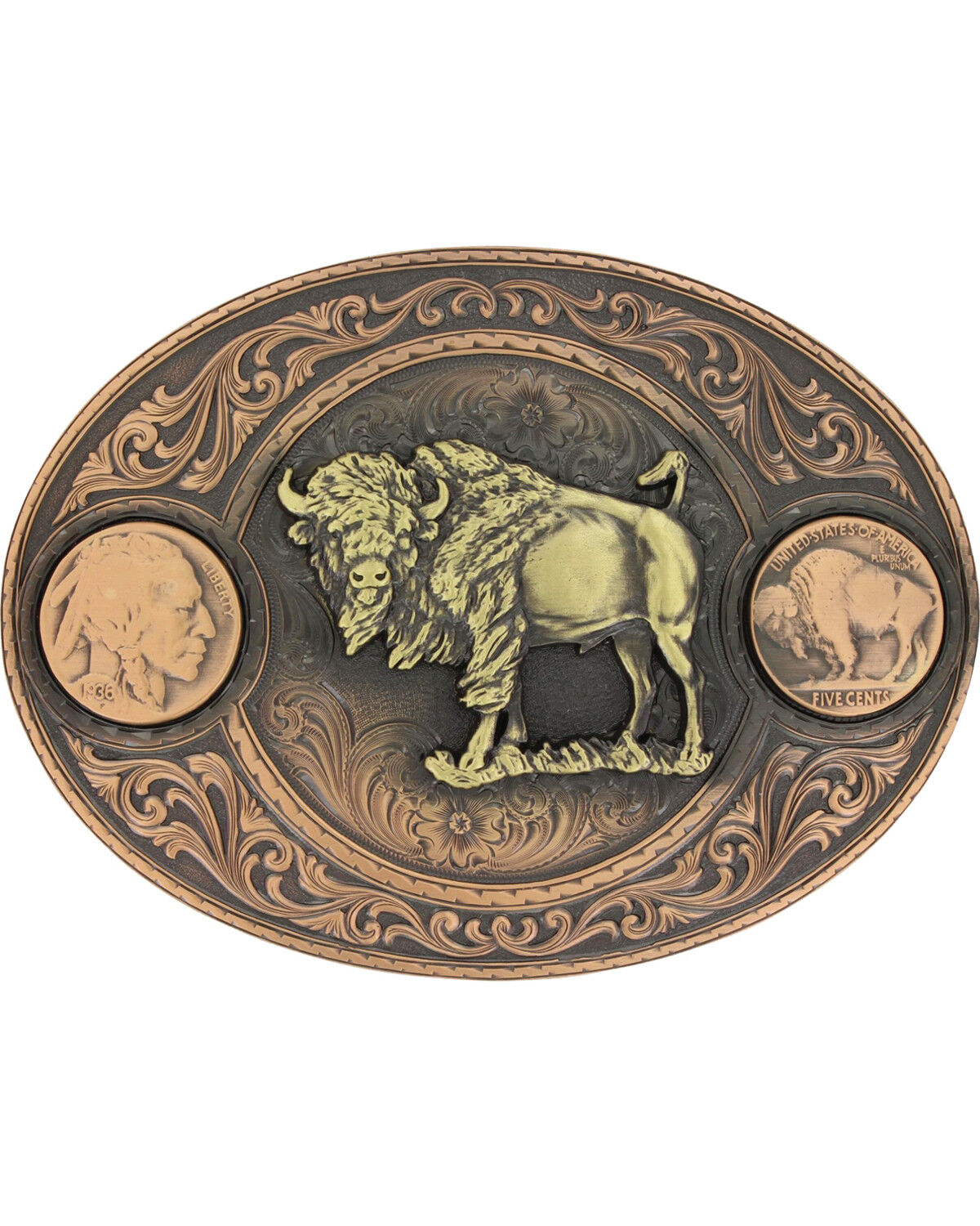 Image #1 - Montana Silversmiths Men's Copper Buffalo Indian Head Nickel Belt Buckle, Rust Copper, hi-res