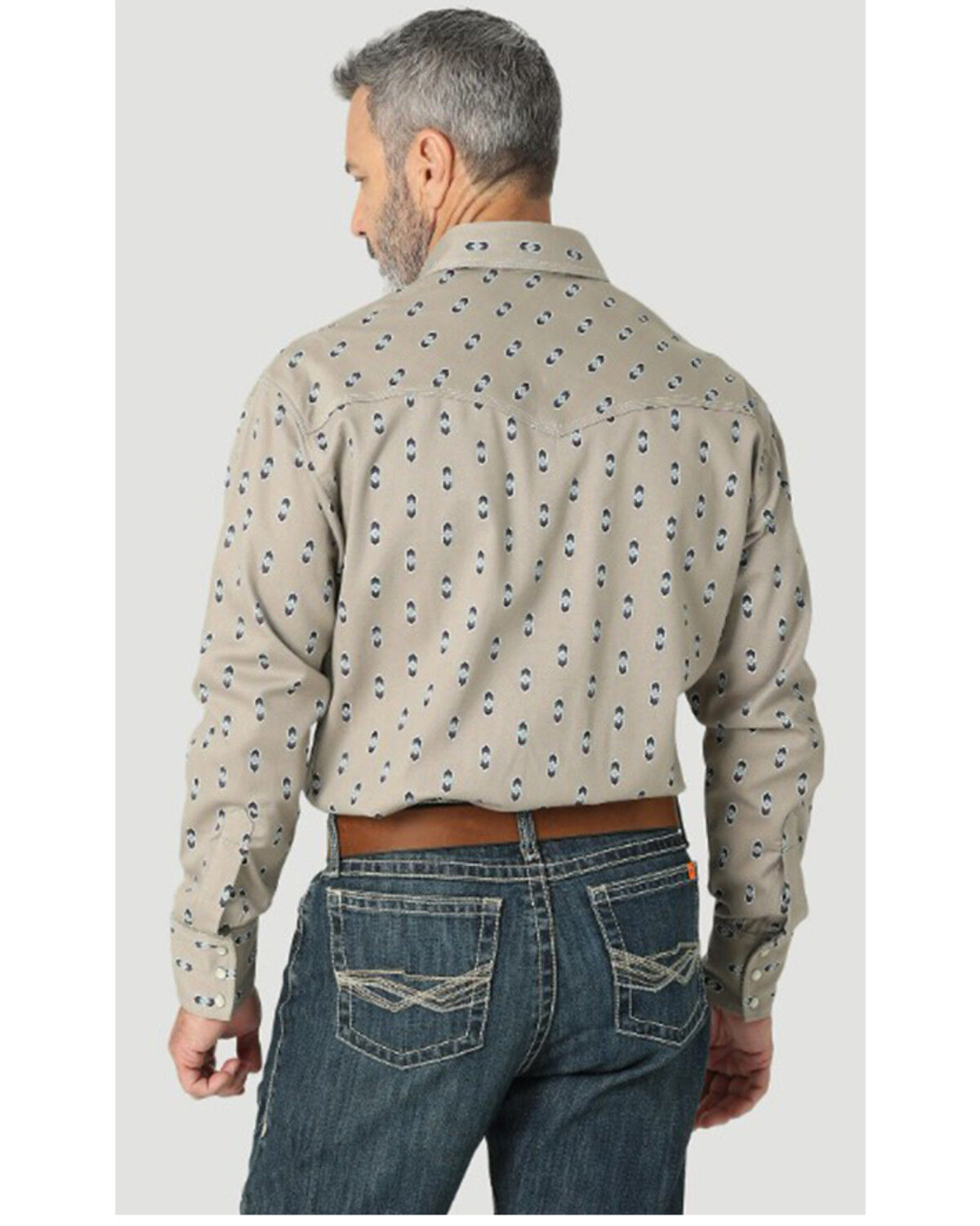 Image #2 - Wrangler 20X Men's FR Southwestern Geo Print Long Sleeve Pearl Snap Western Work Shirt, Tan, hi-res