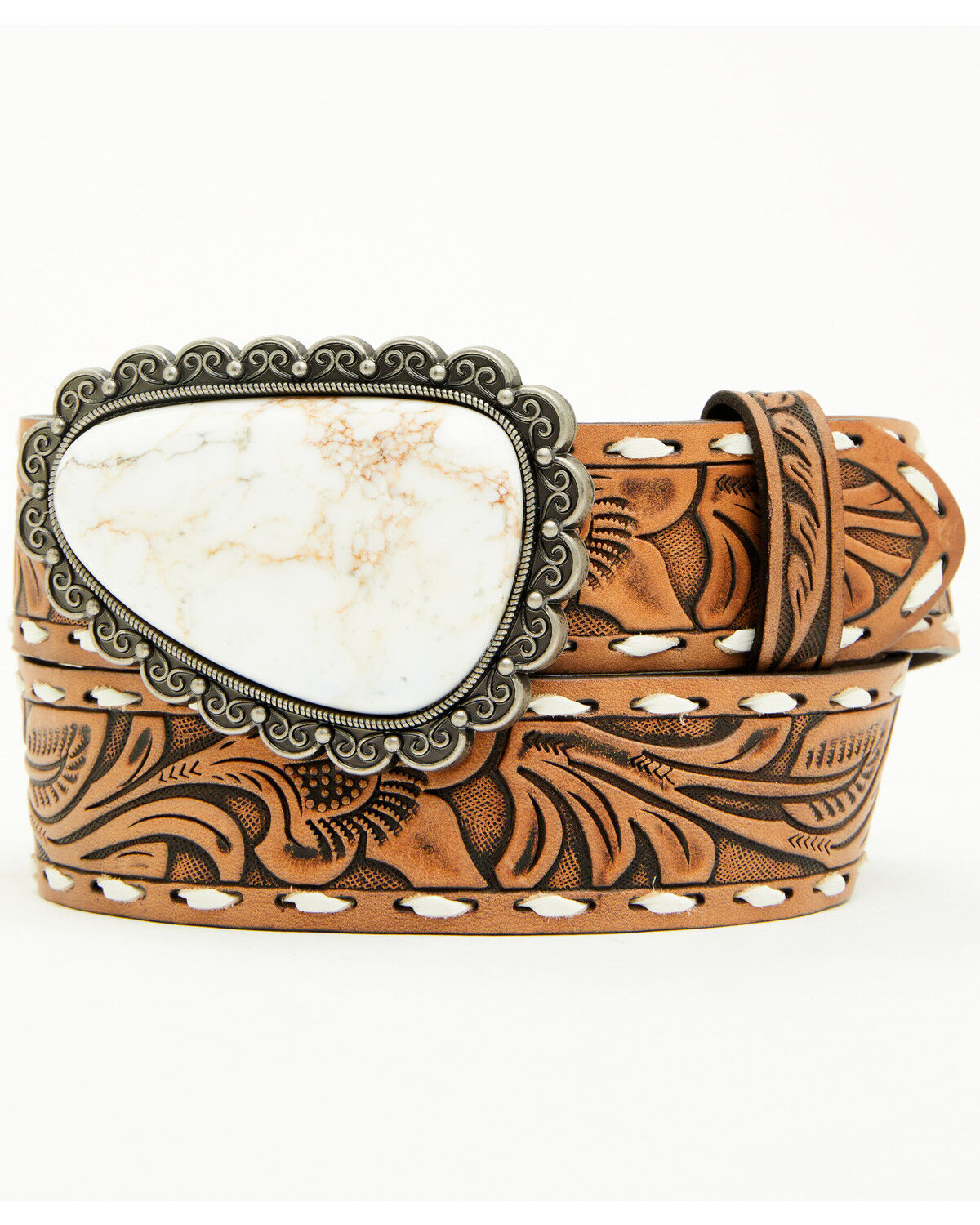 Image #1 - Shyanne Women's Whipstitch Stone Buckle Western Belt, Cream, hi-res