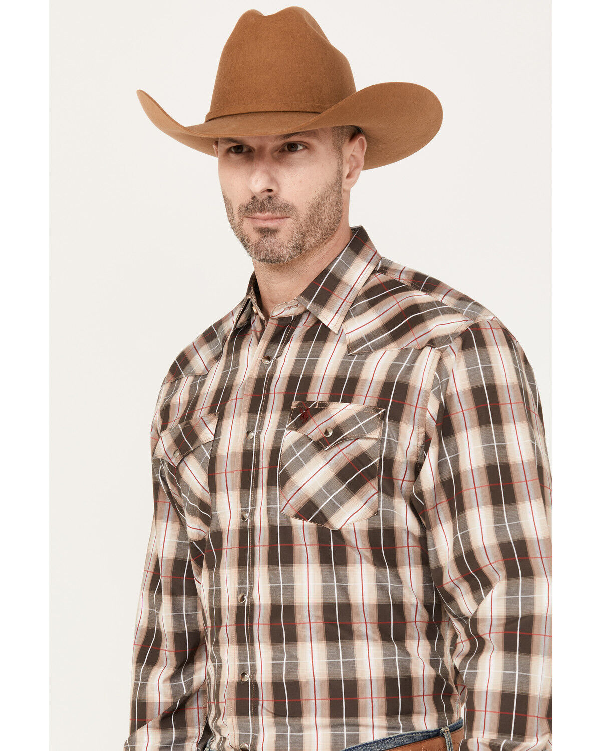 Image #2 - Rodeo Clothing Men's Plaid Print Long Sleeve Snap Western Shirt, Brown, hi-res