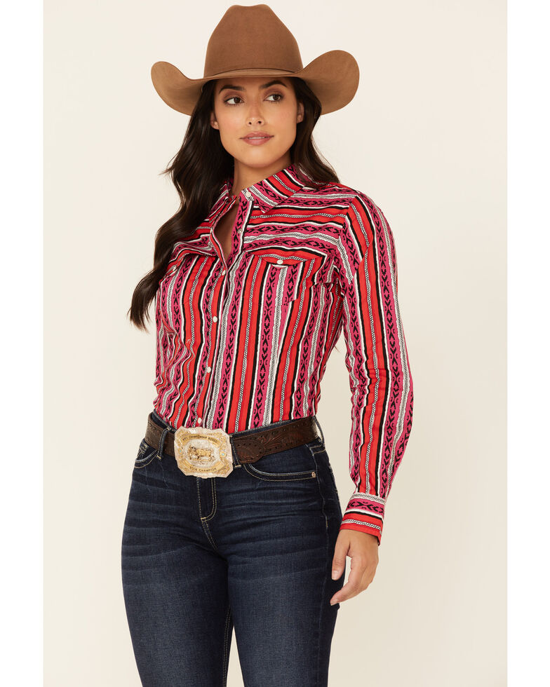 Wrangler Women's Punchy Southwestern Stripe Long Sleeve Snap Western Shirt , Purple, hi-res
