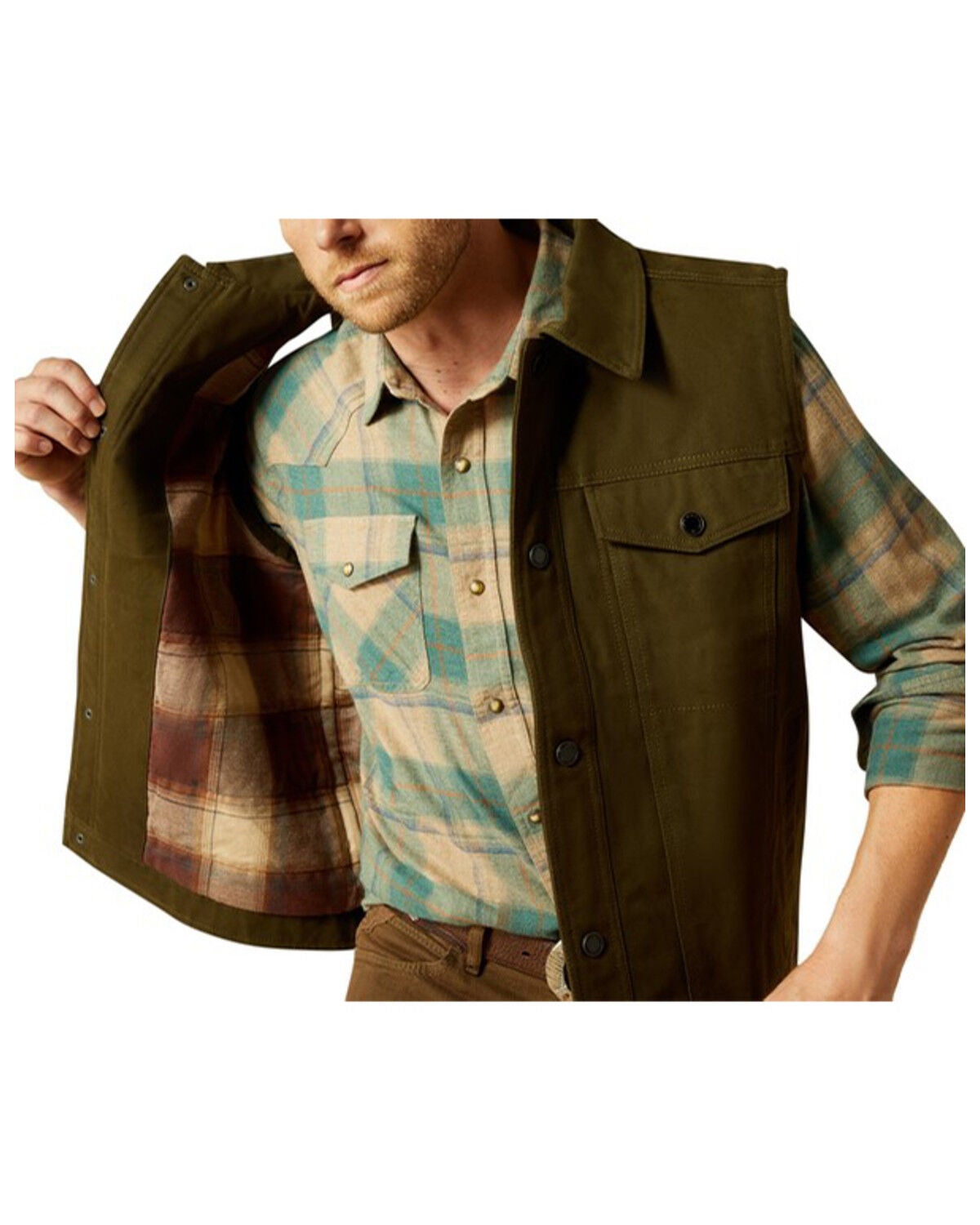 Image #2 - Ariat Men's Solid Unlined Canvas Rancher Vest, Brown, hi-res