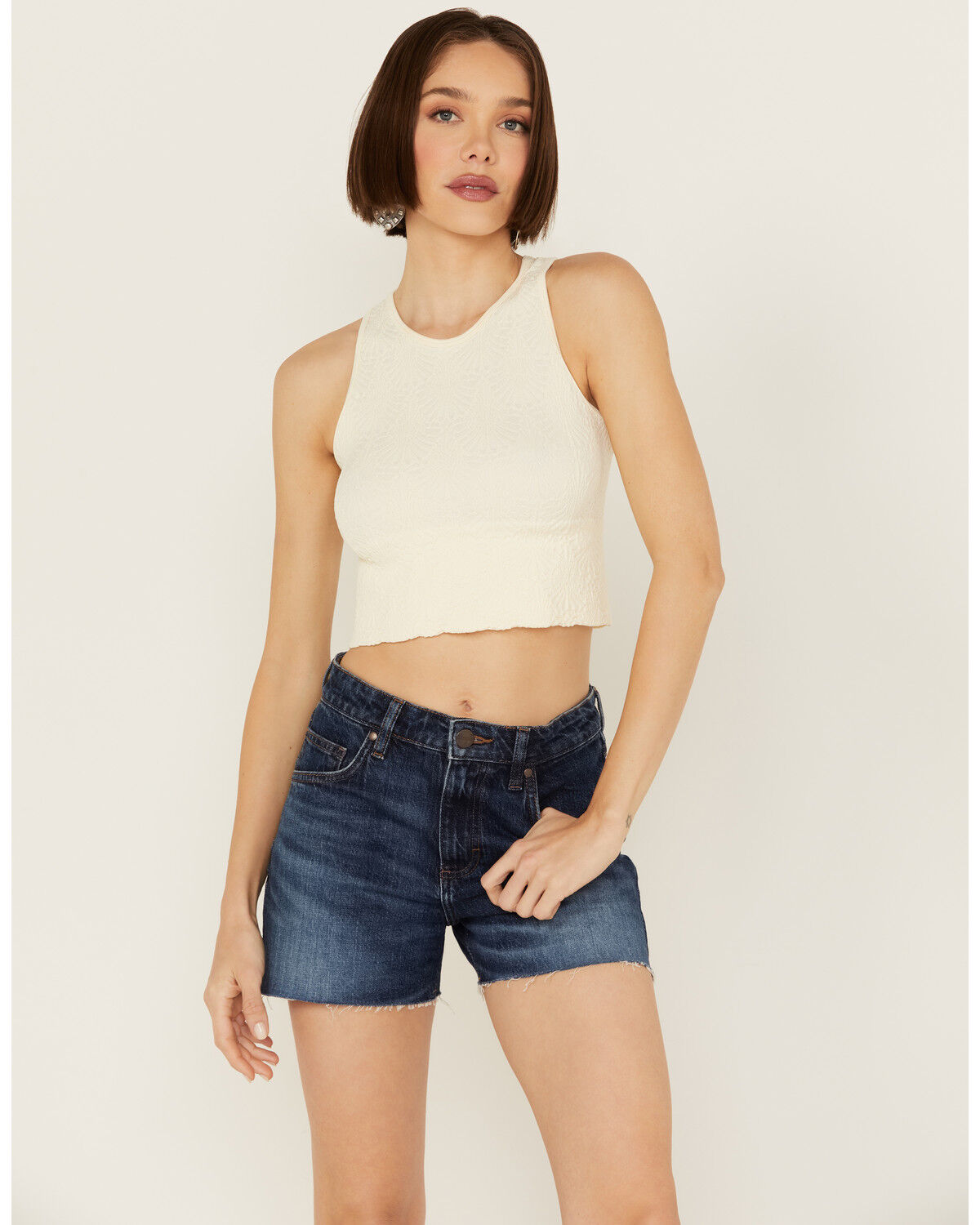 Image #1 - Fornia Women's Floral High Neck Cropped Top, White, hi-res
