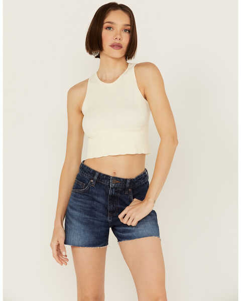 Image #1 - Fornia Women's Floral High Neck Cropped Top , White, hi-res