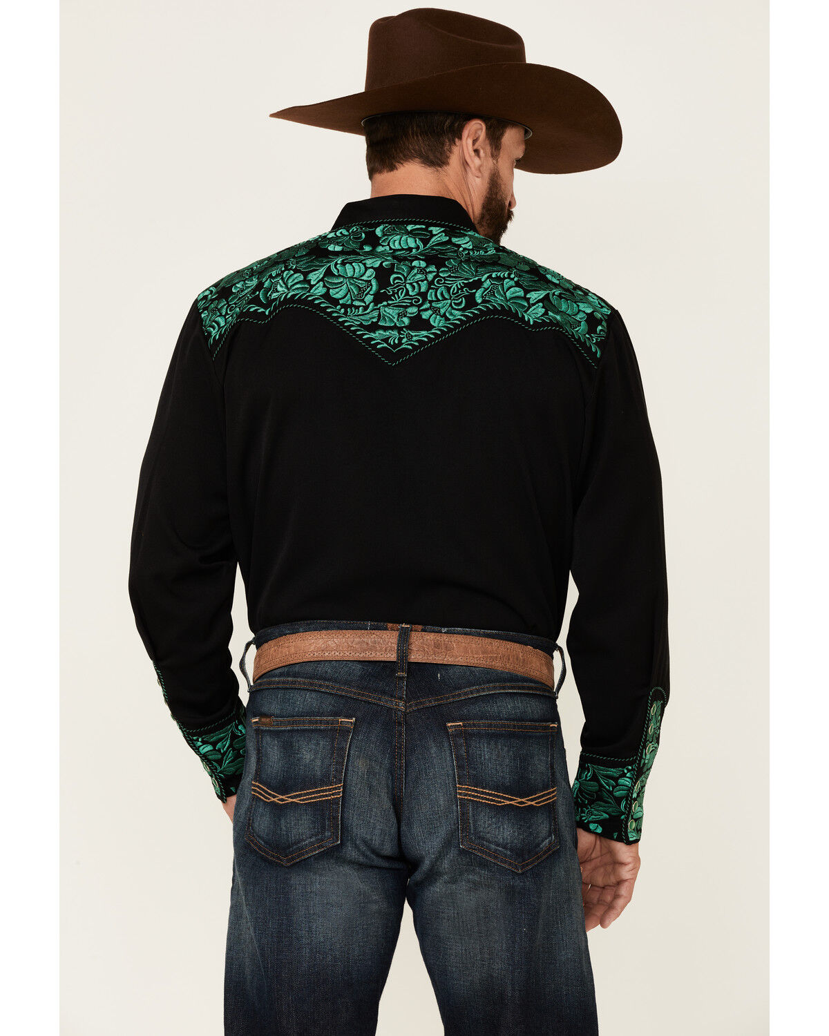 Image #4 - Scully Men's Embroidered Gunfighter Long Sleeve Pearl Snap Western Shirt, Black, hi-res