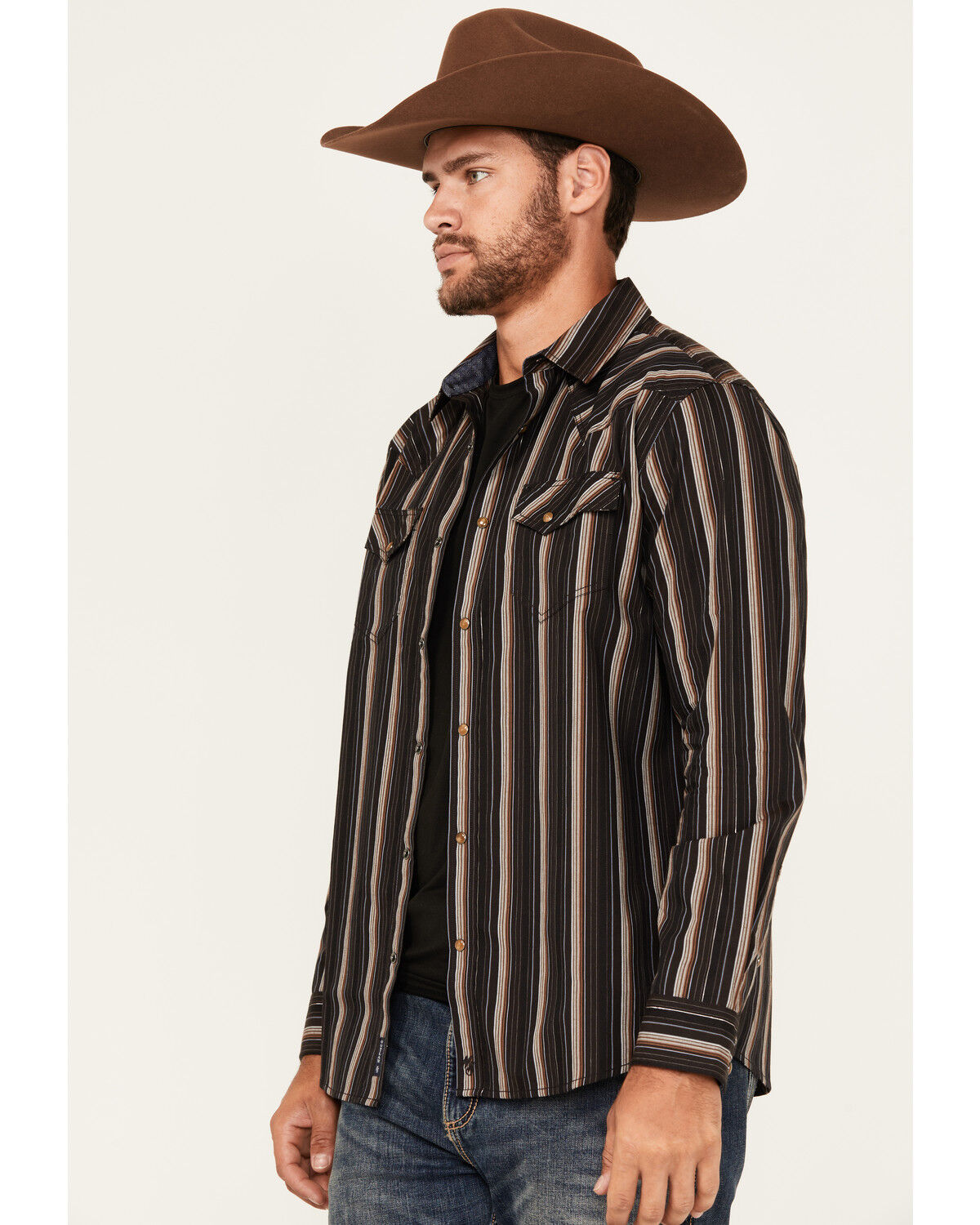 Image #2 - Moonshine Spirit Men's Lure Lurex Striped Print Long Sleeve Snap Western Shirt, Black, hi-res