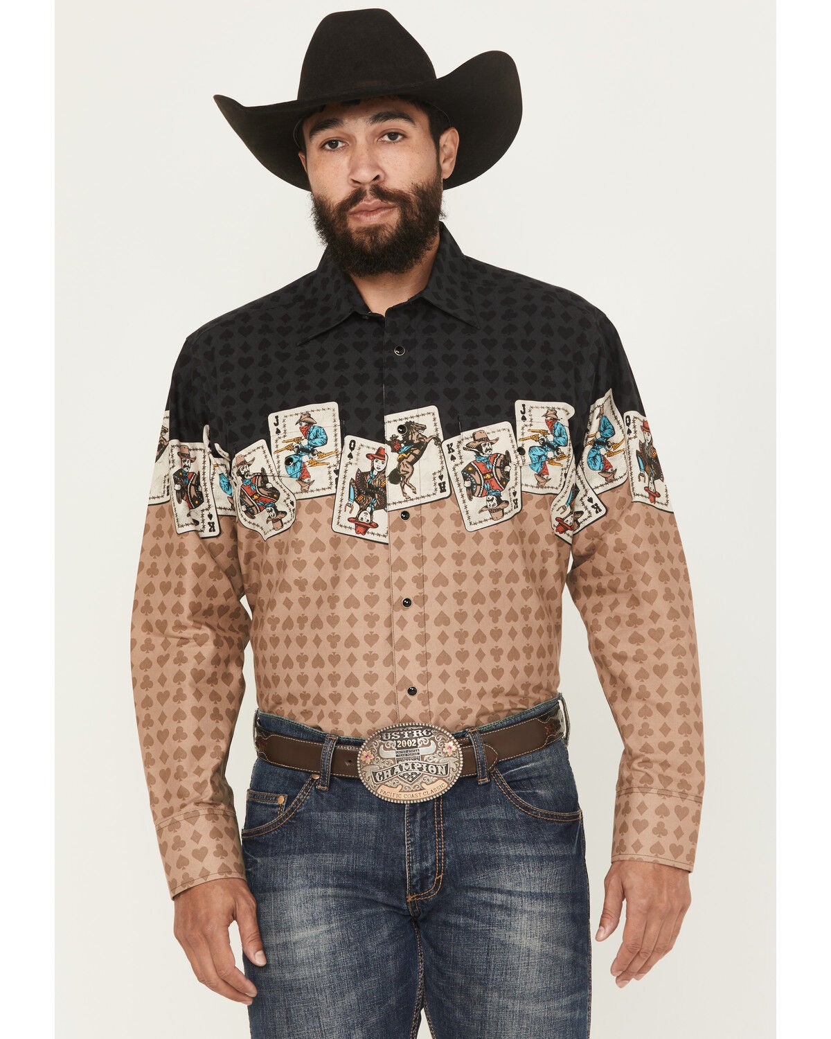 Panhandle Slim Men's Cards Border Long Sleeve Snap Western Shirt, Tan, hi-res