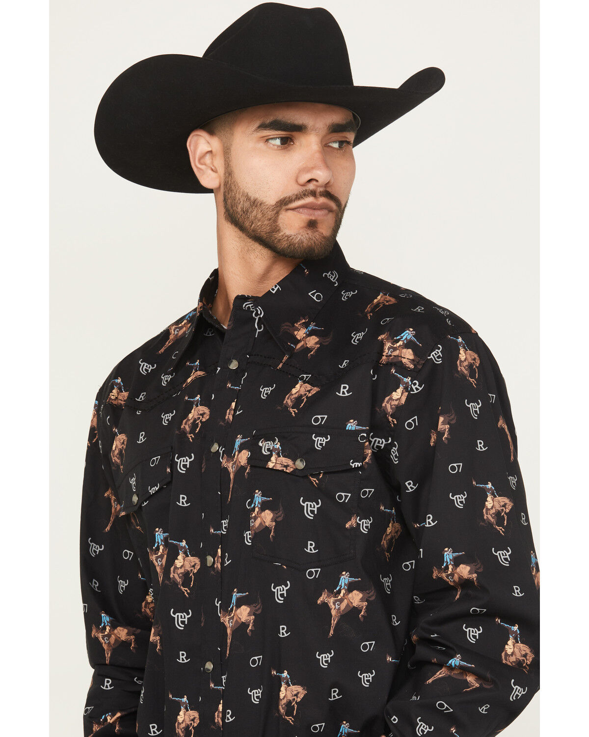 Image #2 - Cowboy Hardware Men's Vintage Bronco Print Long Sleeve Snap Stretch Western Shirt, Black, hi-res