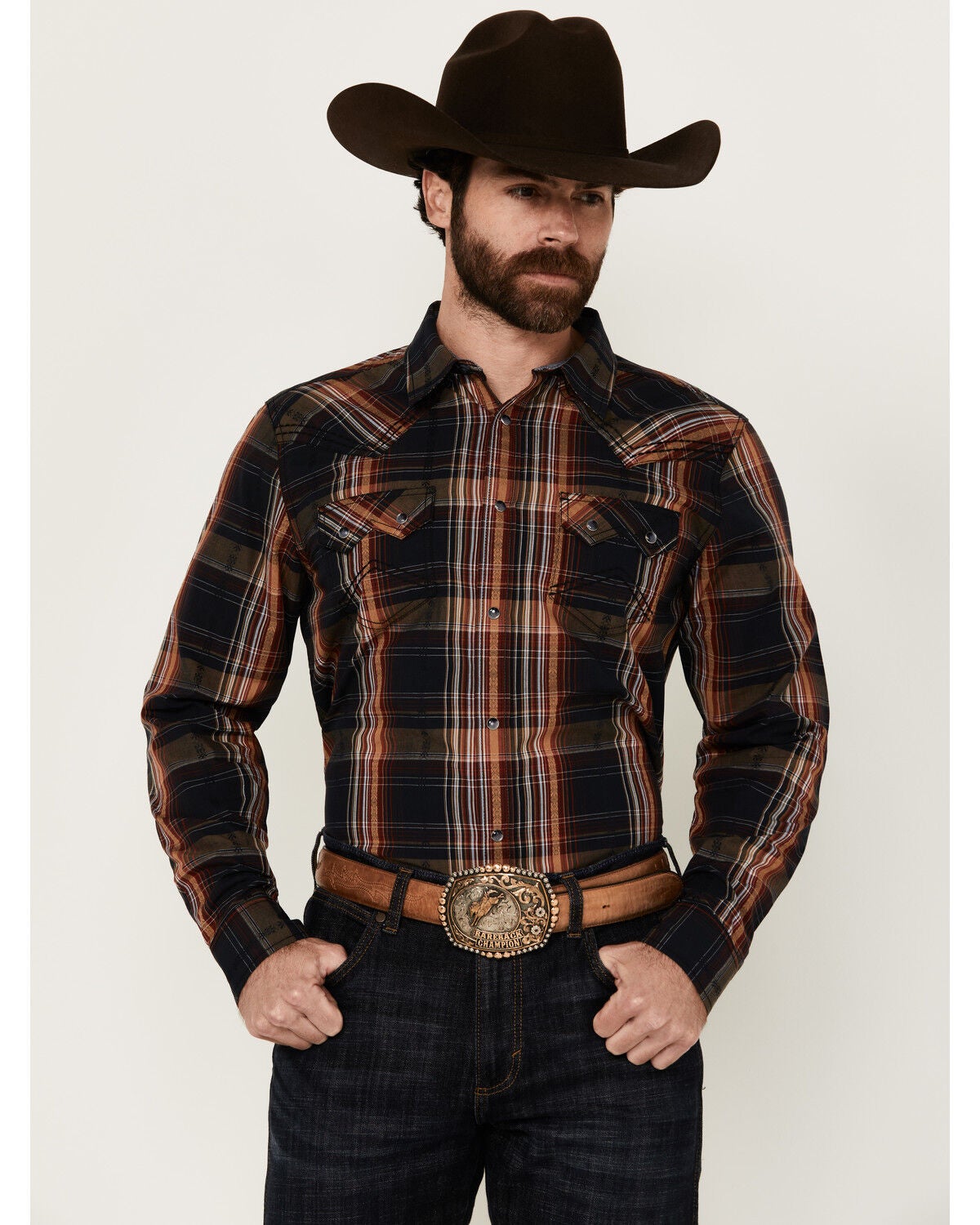 Cody James Men's Trouble Plaid Print Long Sleeve Snap Western Shirt, Navy, hi-res