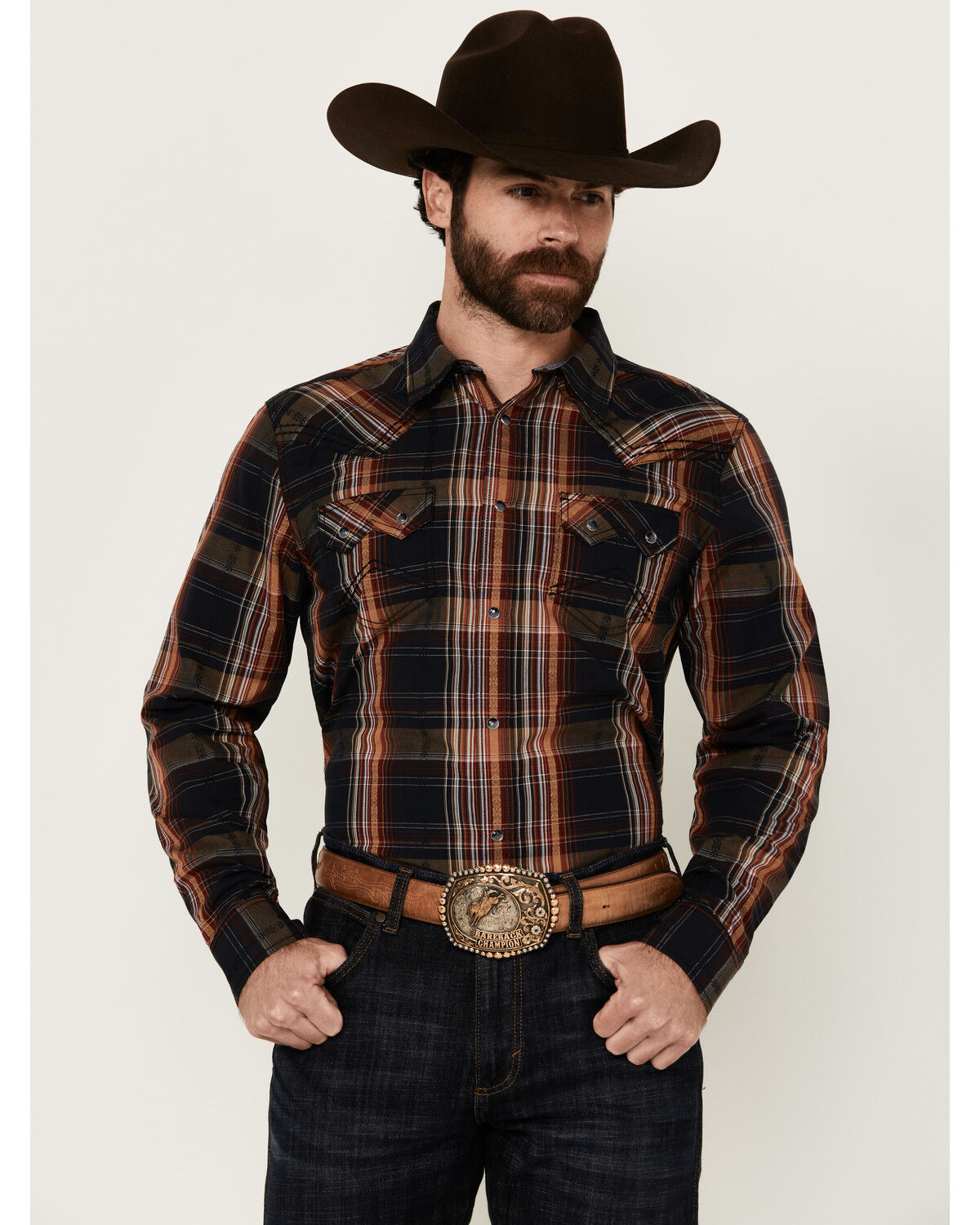 Image #1 - Cody James Men's Trouble Plaid Print Long Sleeve Snap Western Shirt, Navy, hi-res