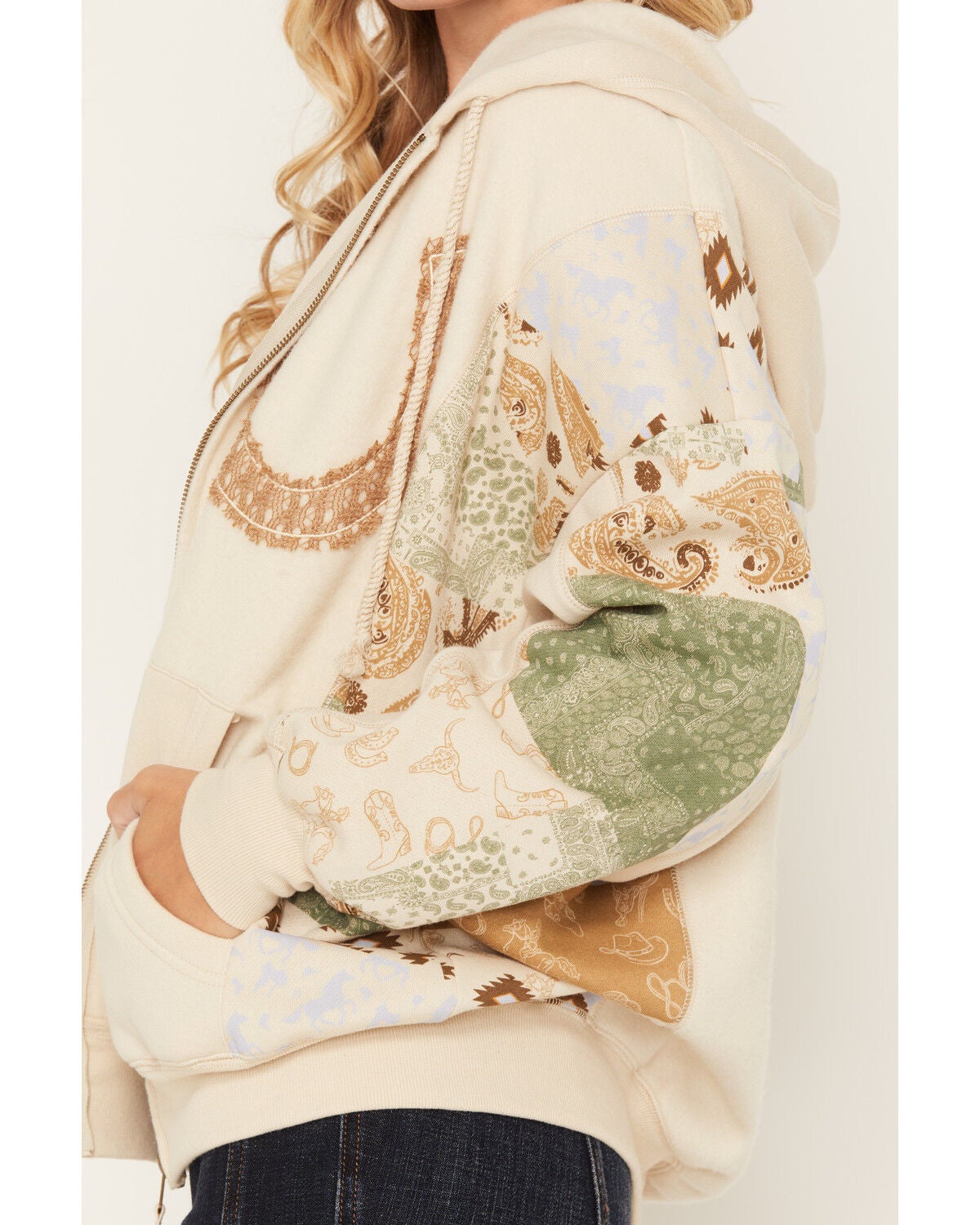 Image #3 - Blended Women's Mixed Print Zip Hoodie, Tan, hi-res
