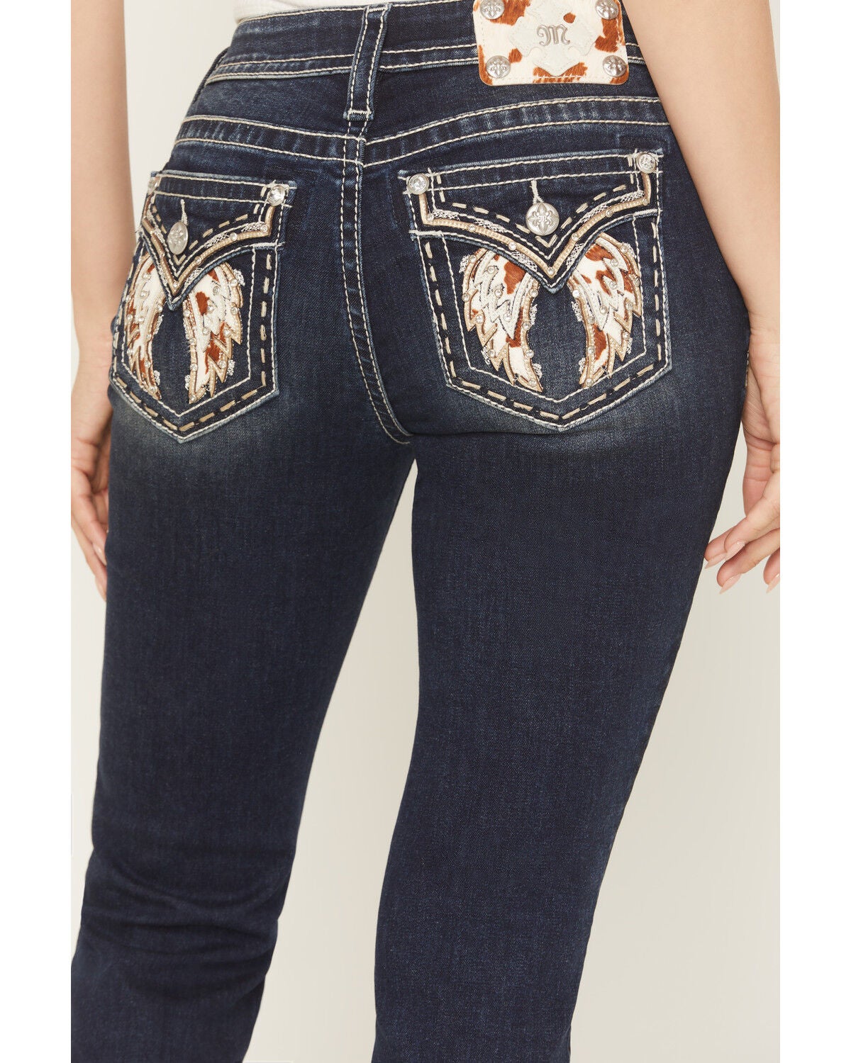 Image #2 - Miss Me Women's Dark Wash Mid Rise Cow Print Pocket 32" Bootcut Stretch Denim Jeans, Dark Wash, hi-res
