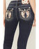 Image #2 - Miss Me Women's Dark Wash Mid Rise Cow Print Pocket 32" Bootcut Stretch Denim Jeans, Dark Wash, hi-res
