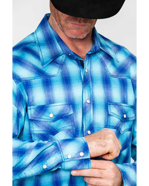 Image #4 - Rock & Roll Denim Men's Crinkle Washed Yarn Dye Plaid Long Sleeve Western Shirt , Blue, hi-res