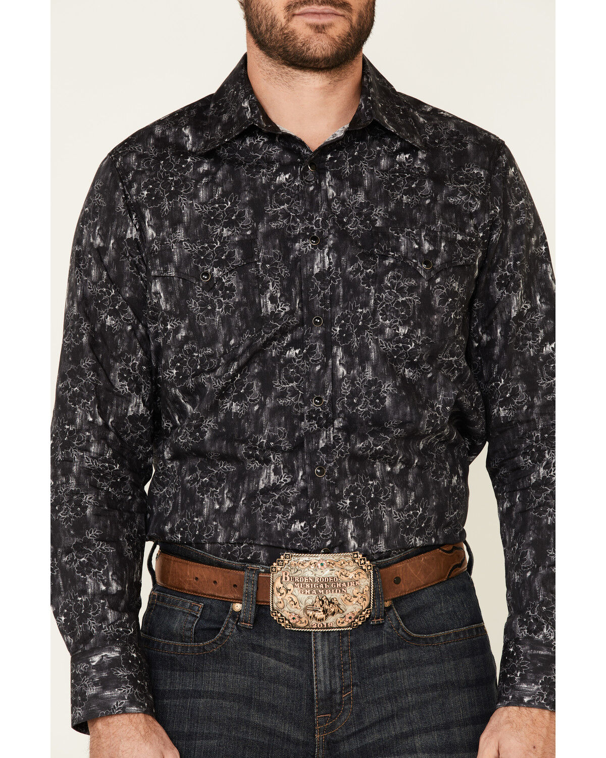 Image #3 - Rock & Roll Denim Men's Charcoal Floral Print Long Sleeve Western Shirt, Charcoal, hi-res