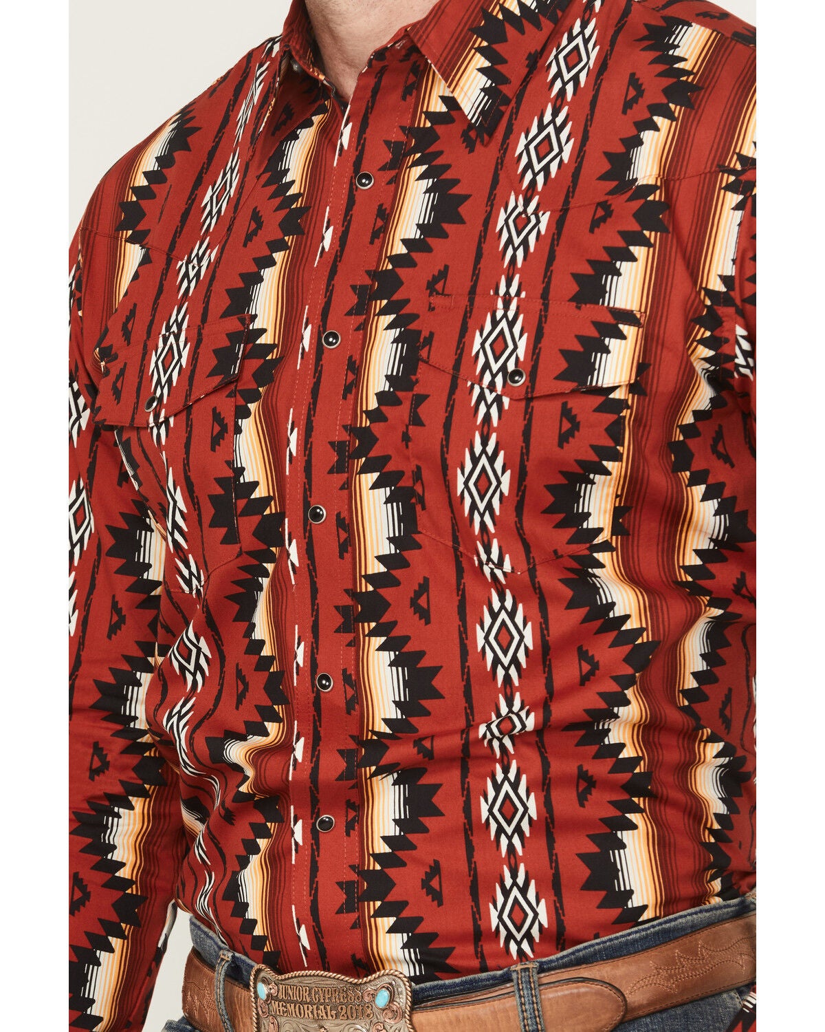 Image #3 - Wrangler Men's Checotah Southwestern Striped Print Long Sleeve Snap Western Shirt, Red, hi-res