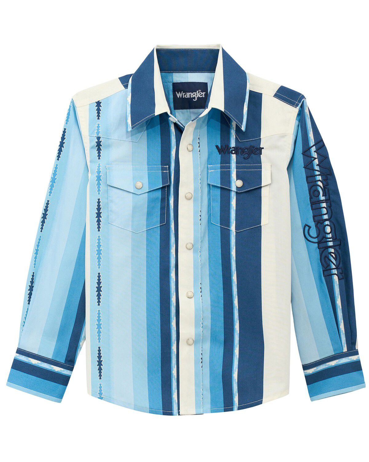Image #1 - Wrangler Boys' Striped Logo Long Sleeve Snap Western Shirt, Blue, hi-res