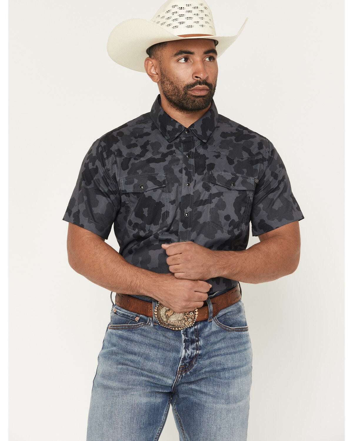 Rock & Roll Denim Men's Tek Camo Print Short Sleeve Snap Stretch Western Shirt, Black, hi-res